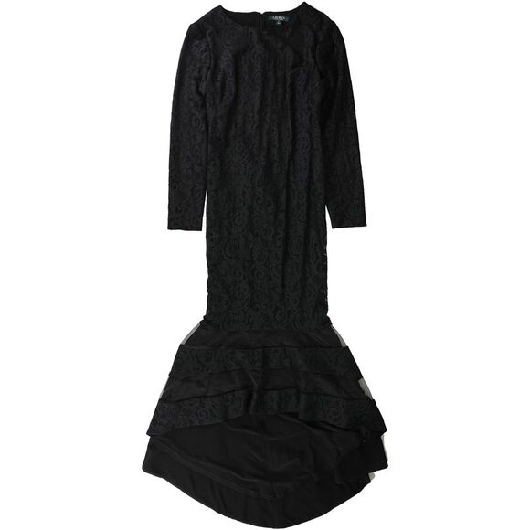 Ralph Lauren Womens Fluted Lace Gown Dress, Black, NWT